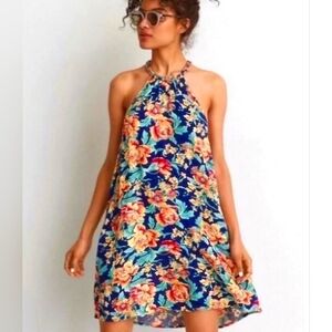 American Eagle Floral Halter Neck Shift Mini Dress Blue Orange Size Small
